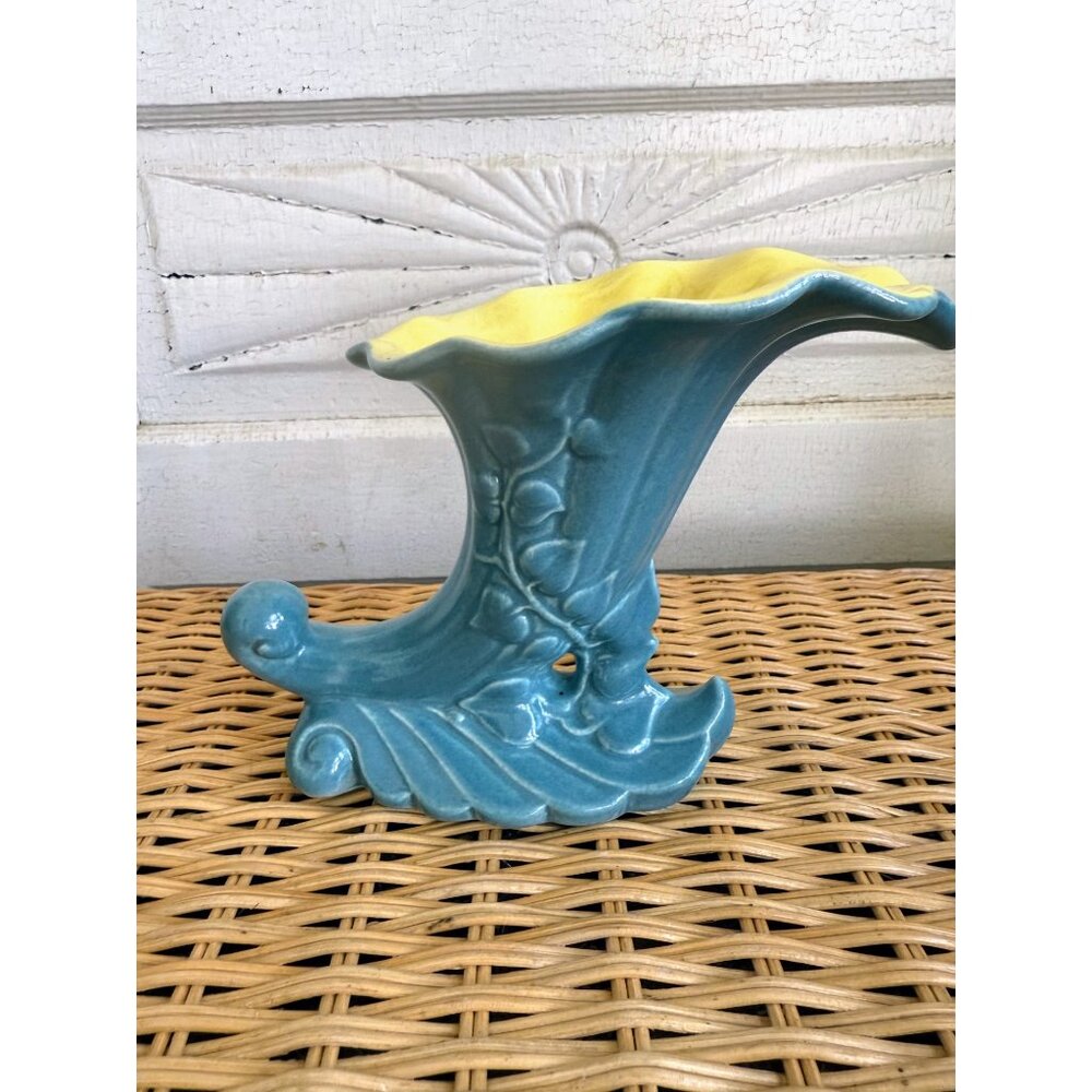 Vintage 50's Red Wing Pottery Vase Horn Cornucopia Blue Yellow 6"